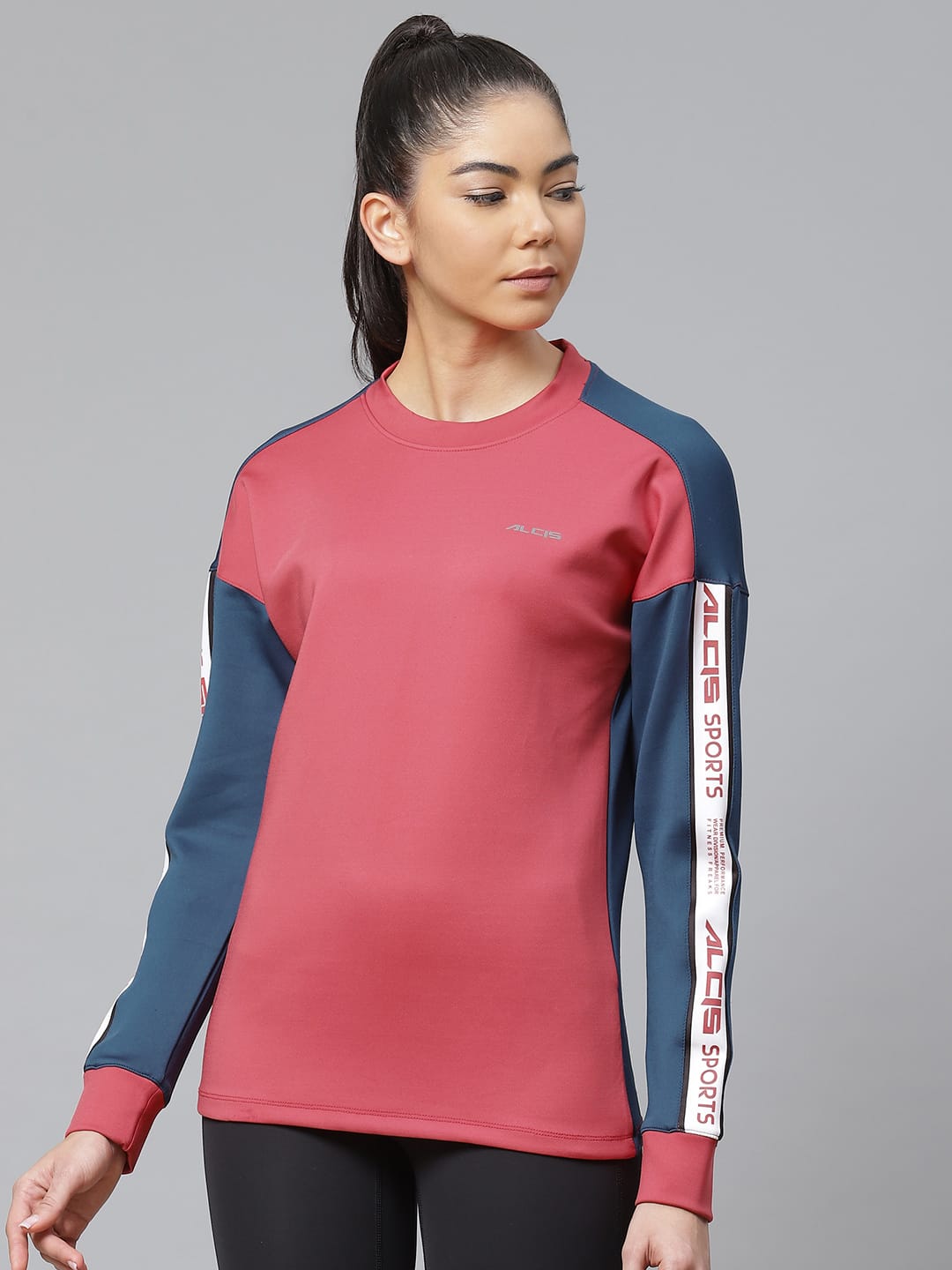 Alcis Women Red  Blue Solid Sweatshirt