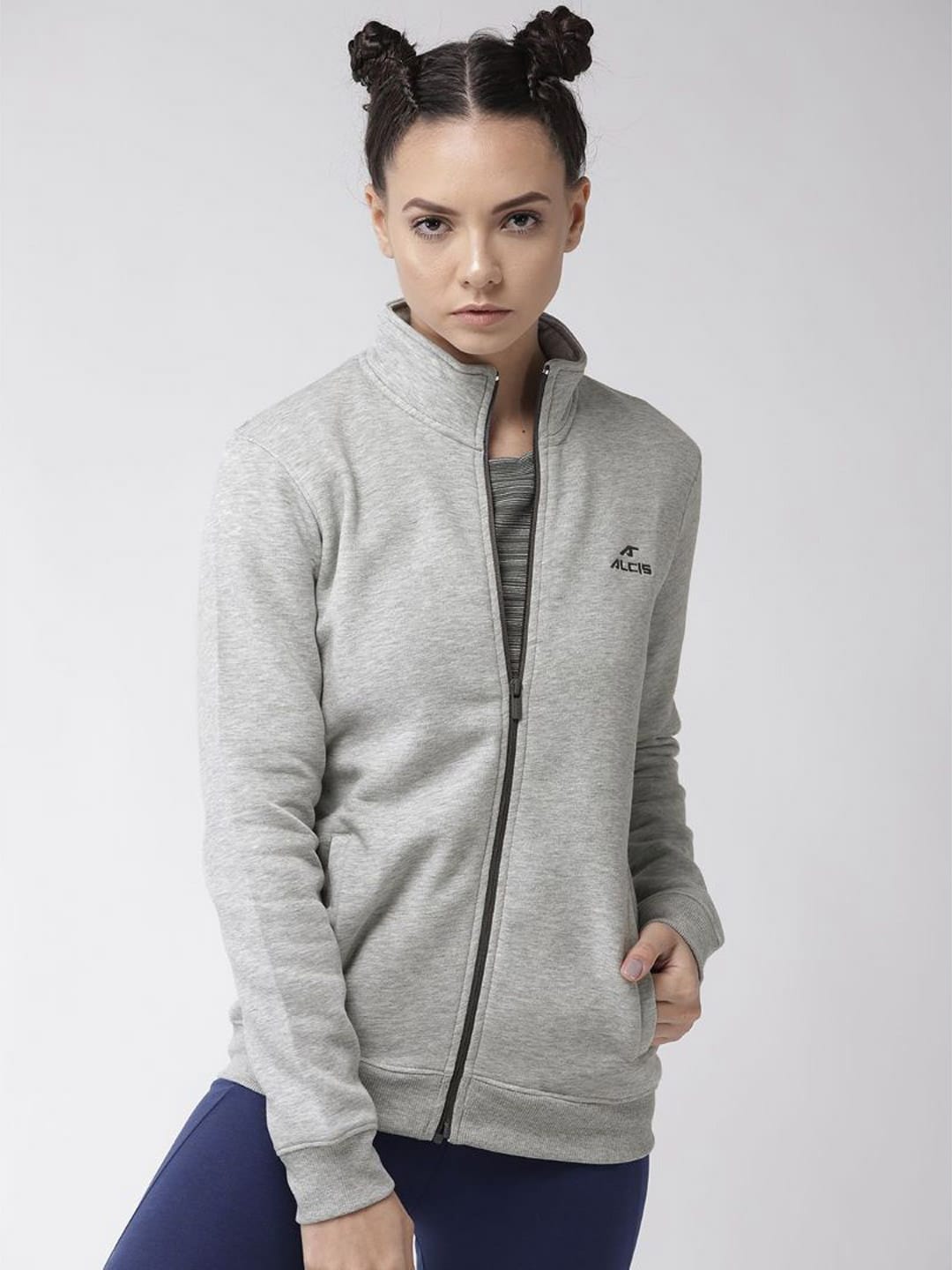 Alcis Women Grey Melange Solid Sporty Jacket