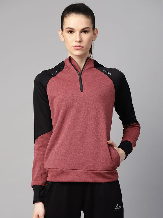 Alcis Women Rust Red  Black Solid Hooded Sweatshirt