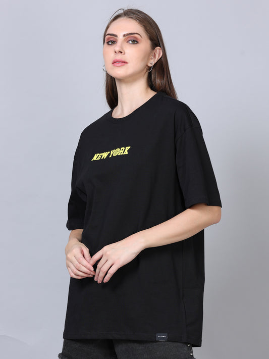 Women's Black Graphic Knitted Oversized T-Shirt