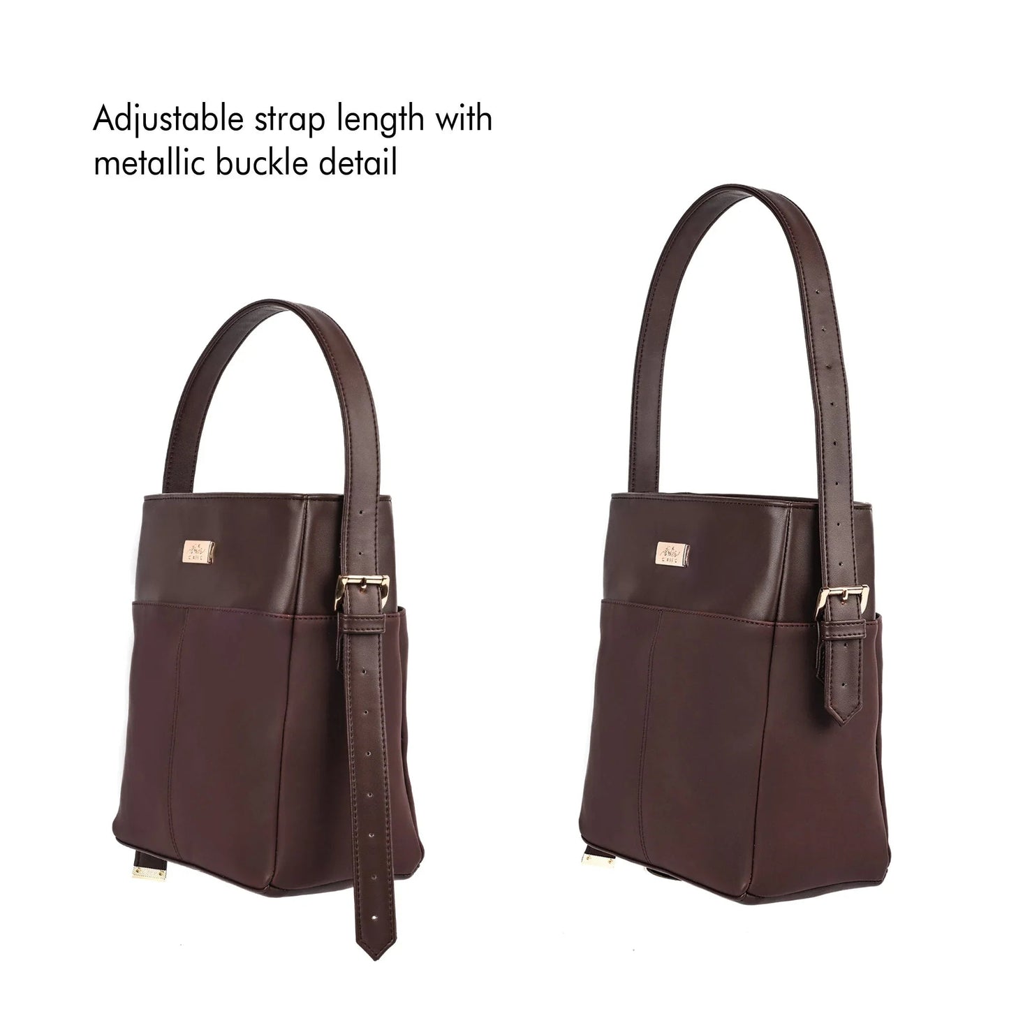 Stylera women's leather shoulder bag with adjustable strap and metallic buckle detail