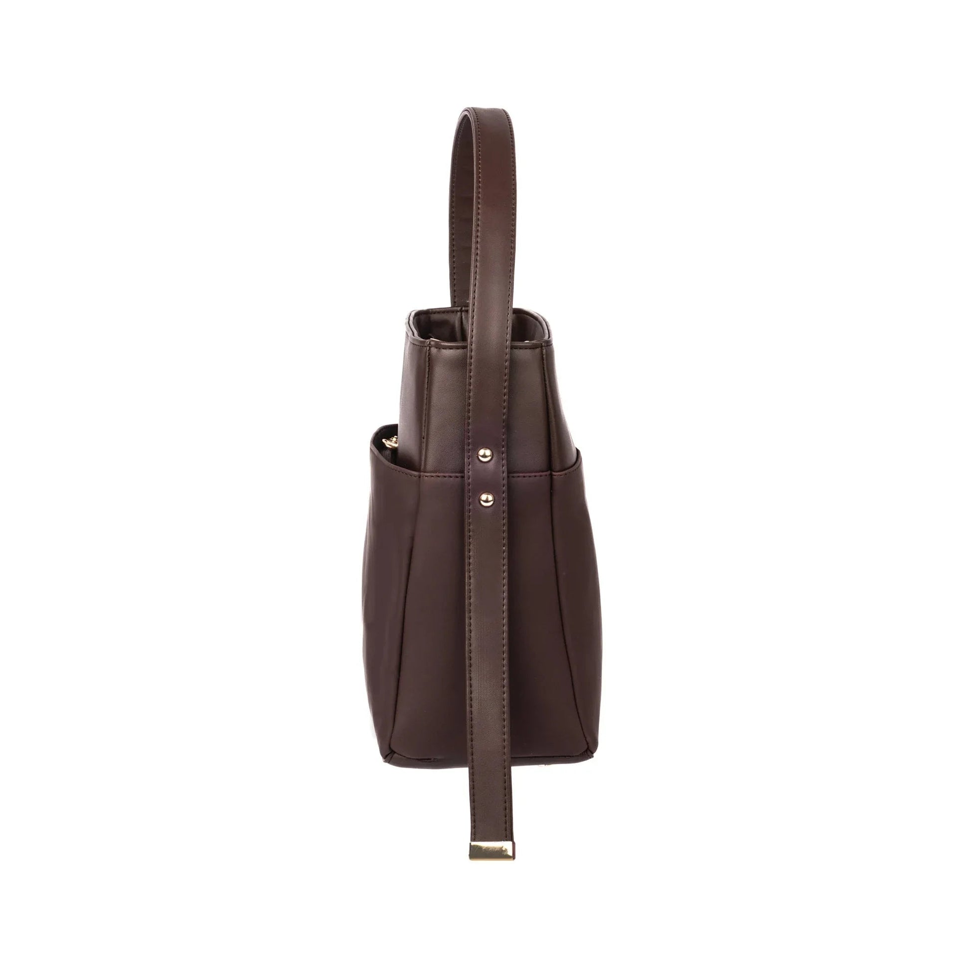 Stylera women's leather shoulder bag with a sleek bucket design and adjustable strap