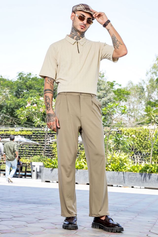Beige Baggy fit Street Savvy Double Pleated Korean Trousers