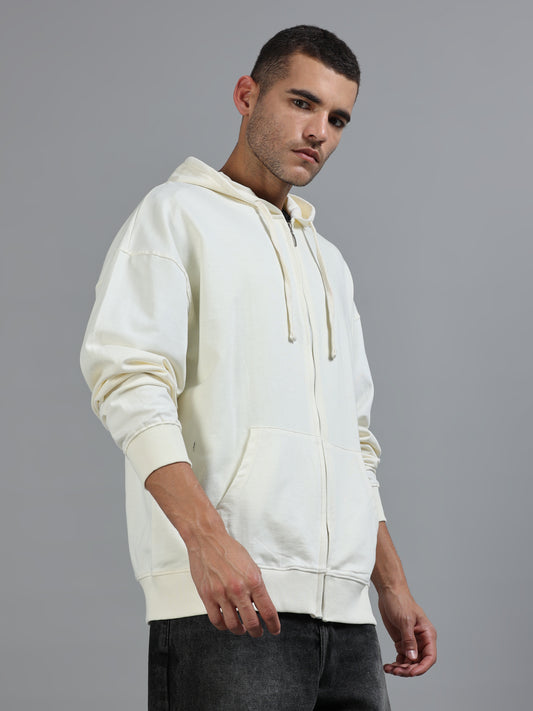 Men's Off White Graphic Print Oversized Hooded Sweatshirt