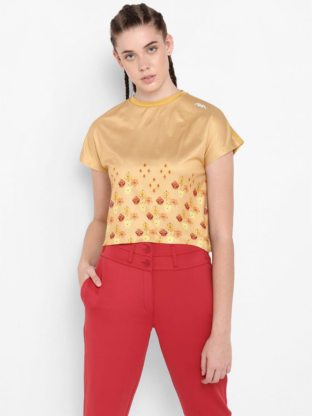 Alcis Women Beige  Orange Printed Round Neck T-shirt