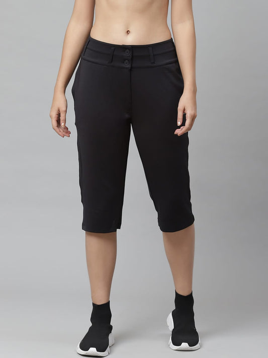 Alcis Nari Black Solid Slim Fit Rapid-Dry Sports Capris