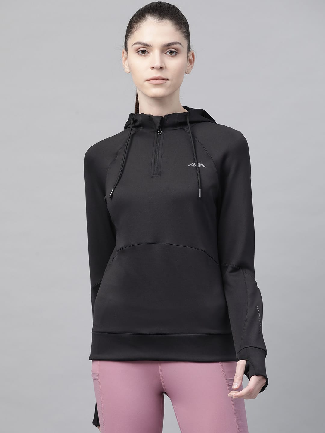 Alcis Women Black Solid Hooded Sweatshirt