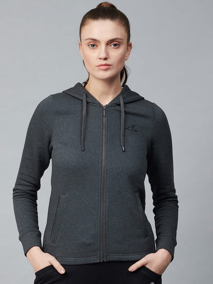 Alcis Women Charcoal Grey Solid Hooded Front-Open Sweatshirt