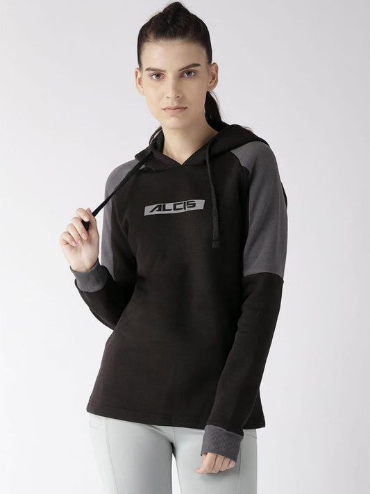 Alcis Women Black  Charcoal Grey Printed Detail Hooded Sweatshirt