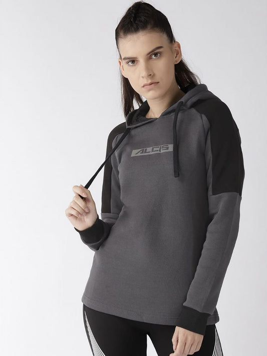 Alcis Women Charcoal Grey  Black Printed Detail Hooded Sweatshirt