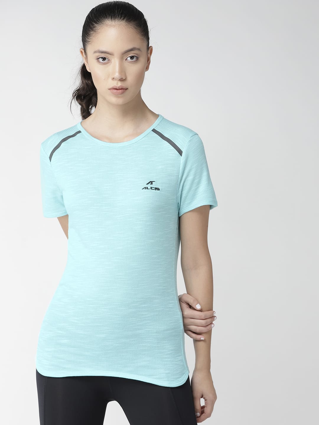 Alcis Women Blue Solid Round Neck Training T-shirt