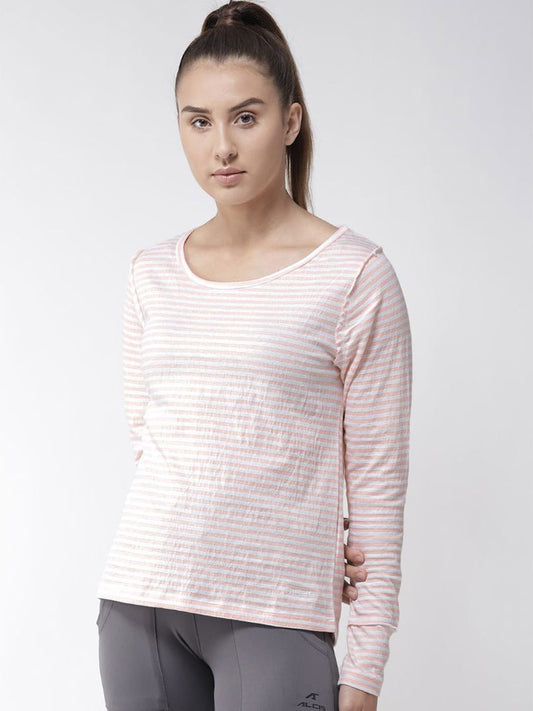 Alcis Women White  Peach-Coloured Slim Fit Striped Round Neck Yoga T-shirt