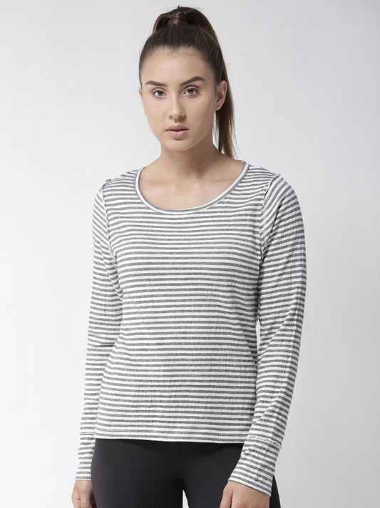 Alcis Women White  Navy Blue Slim Fit Striped Round Neck Yoga T-shirt