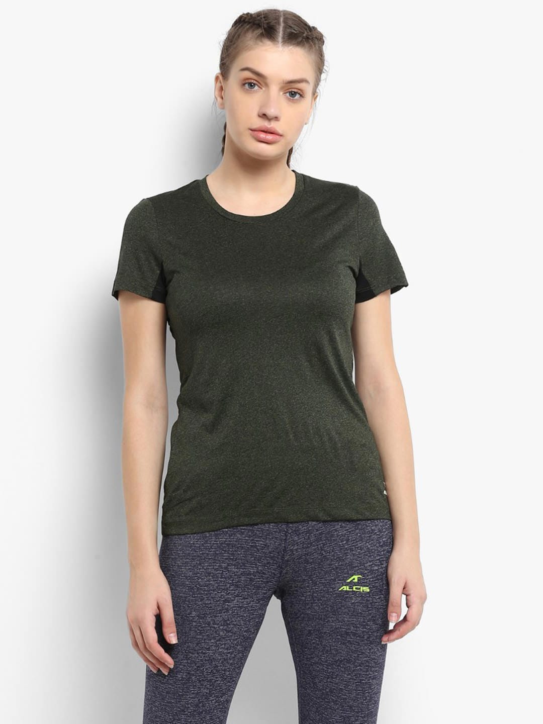 Alcis Women Olive Green Solid Round Neck T-shirt