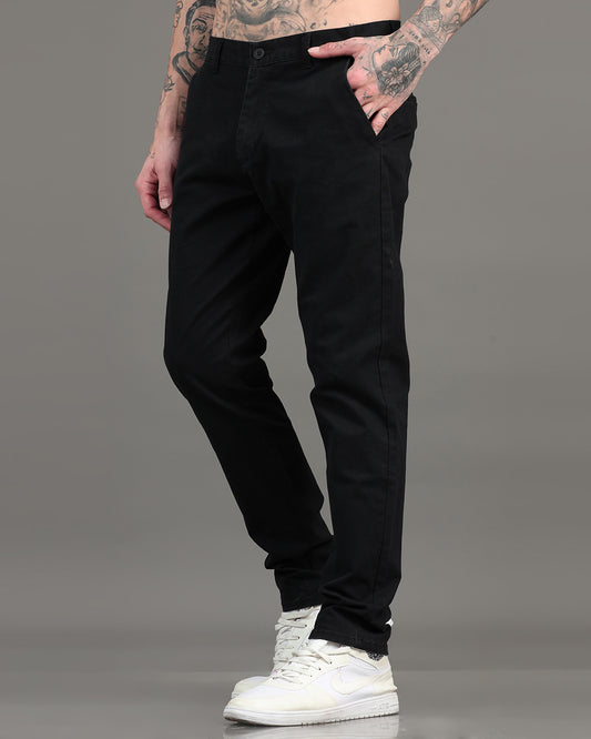 Men's Black Regular Fit Solid Cotton Chinos Trousers