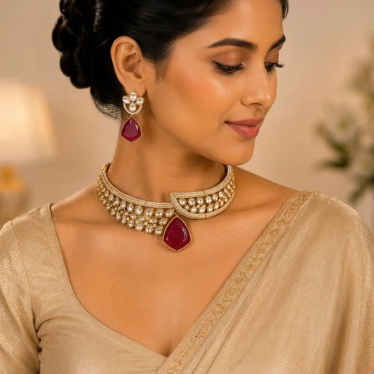 Gold Kundan And Maroon Stone Choker Necklace Set For Women