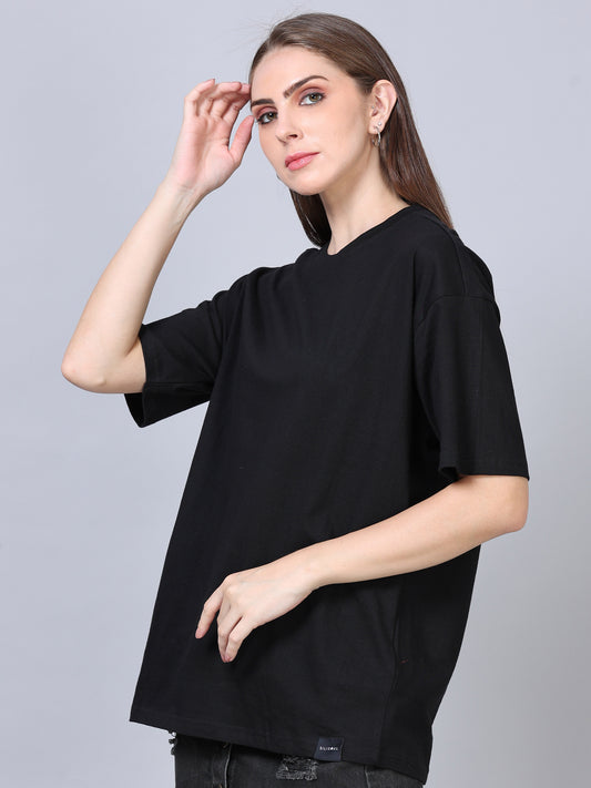 Women's Black Solid Knitted Oversized T-Shirt