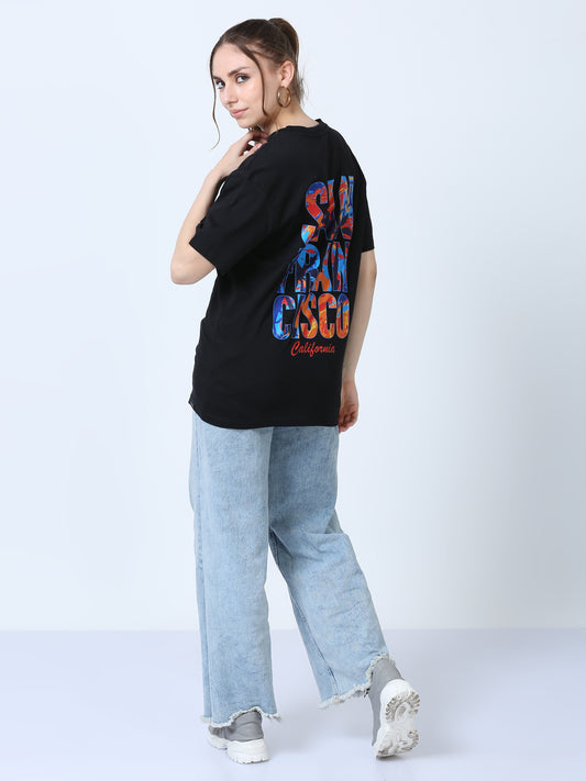 Women's Black Graphic Knitted Boxy T-Shirt