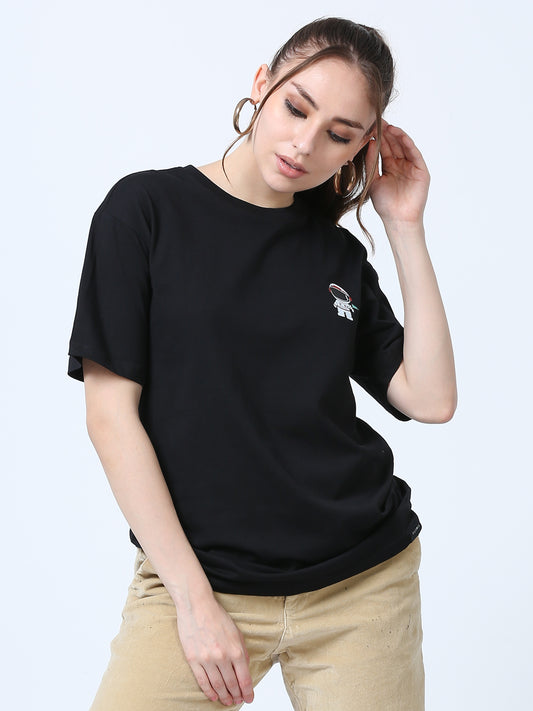 Women's Black Graphic Knitted Boxy T-Shirt