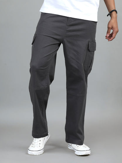 Men's Grey Baggy Fit Solid Cotton Cargo Trousers