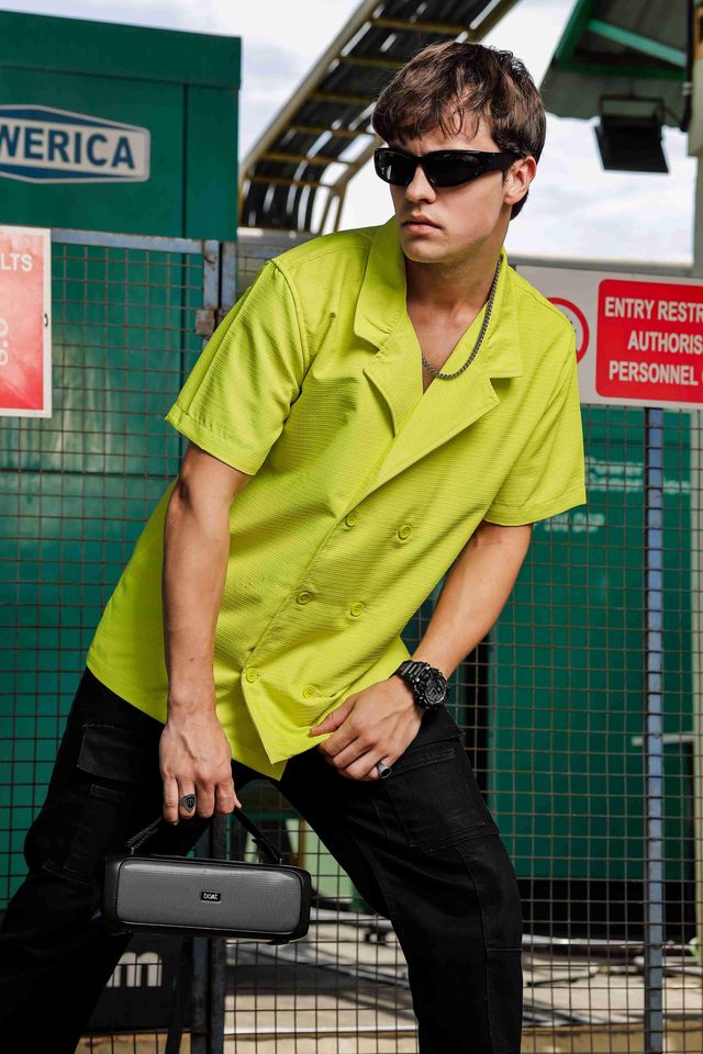 Textured Lime Green Korean Notched Lapel Collar Resort Shirt