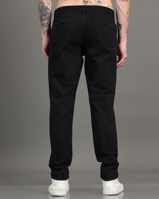 Men's Black Regular Fit Solid Cotton Chinos Trousers