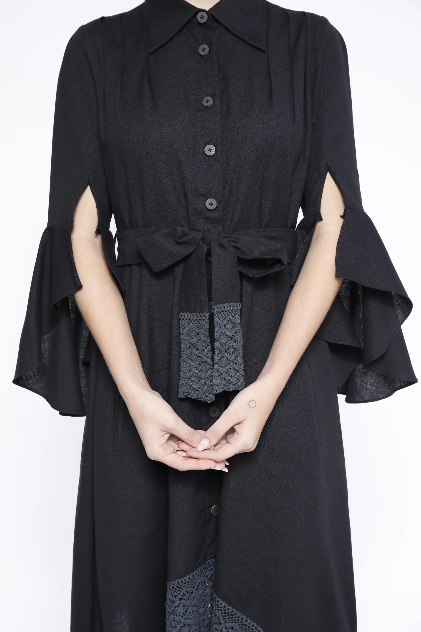Handkerchief Hem Sash-Tie Belt Linen Black Shirtdress