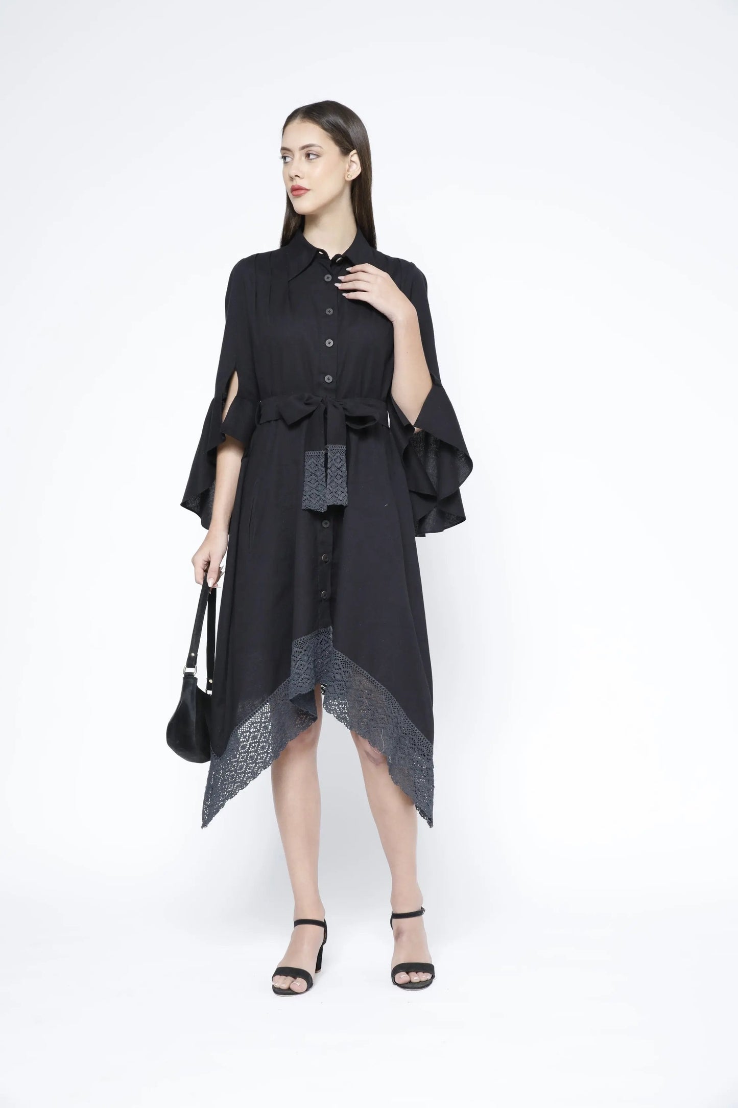 Handkerchief Hem Sash-Tie Belt Linen Black Shirtdress