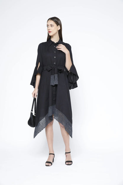 Handkerchief Hem Sash-Tie Belt Linen Black Shirtdress