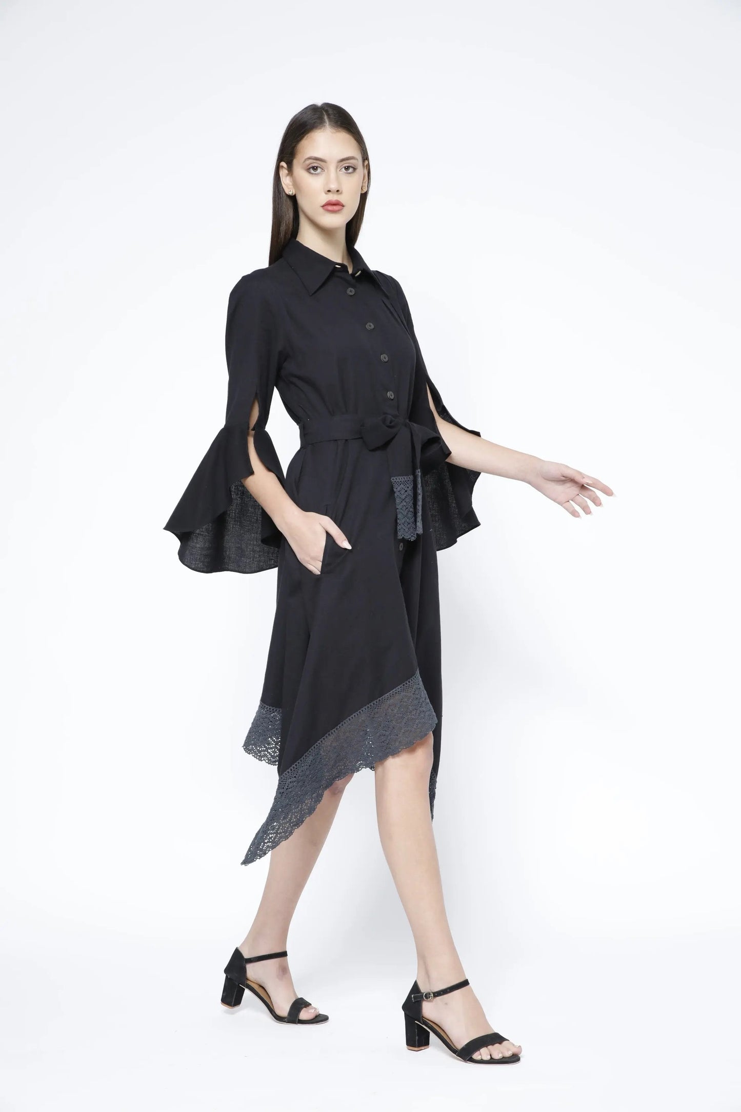 Handkerchief Hem Sash-Tie Belt Linen Black Shirtdress