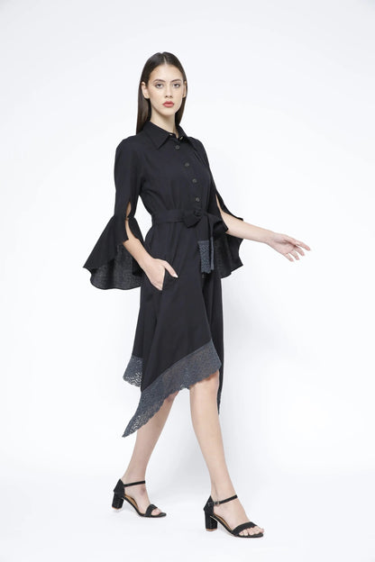 Handkerchief Hem Sash-Tie Belt Linen Black Shirtdress