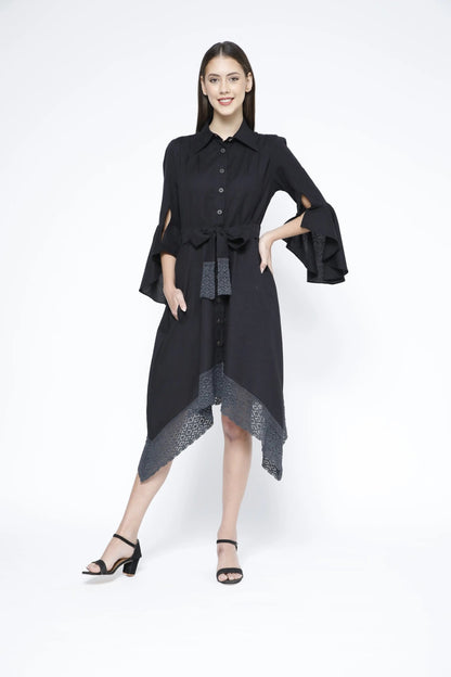 Handkerchief Hem Sash-Tie Belt Linen Black Shirtdress