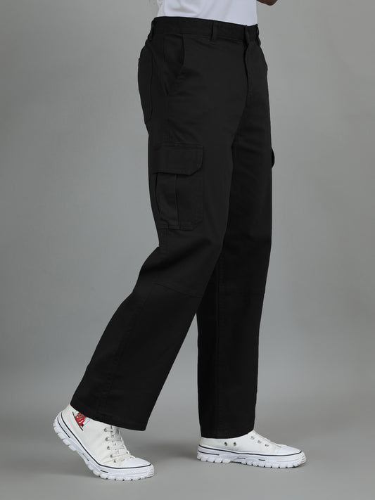 Men's Black Baggy Fit Solid Cotton Cargo Trousers