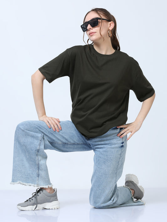 Women's Olive Solid Knitted Boxy T-Shirt