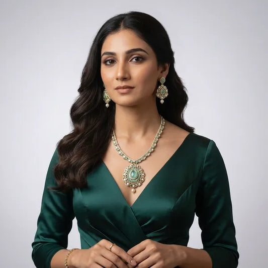Green And Gold Kundan Pearl Statement Necklace And Earrings Set For Women