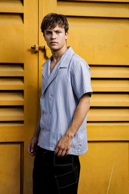 Textured Grey Stripe Korean Notched Lapel Collar Resort Shirt