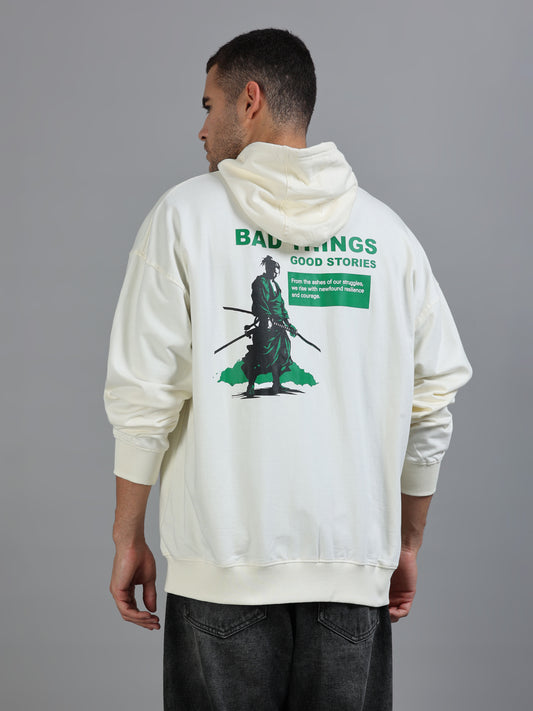 Men's Off White Graphic Print Oversized Hooded Sweatshirt